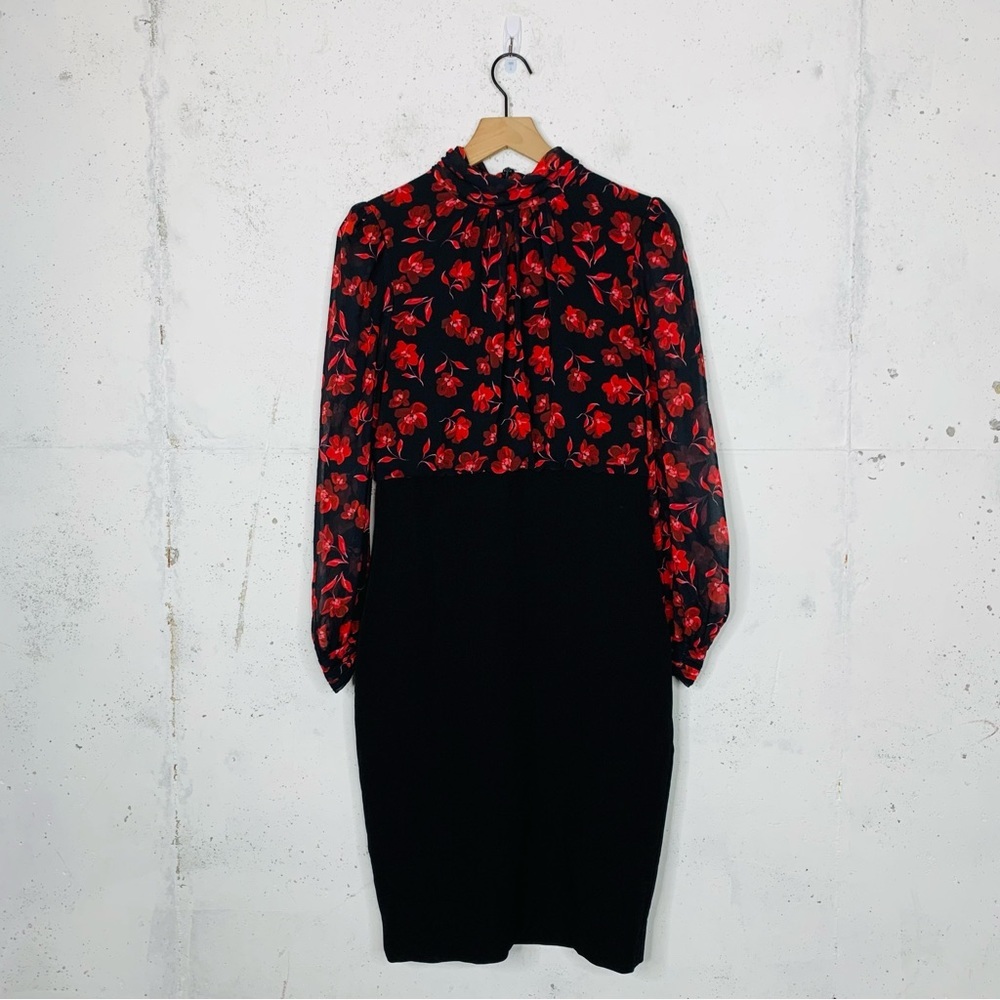 Badgley Mischka Floral Mock Neck Red Black Dress Size 8